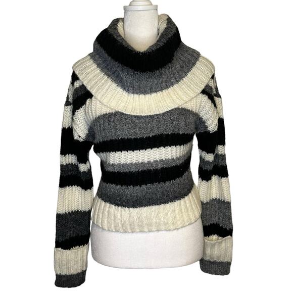 Anthropologie black, gray & cream striped knit turtleneck cropped sweater XS NWT - Picture 2 of 13